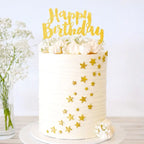 Gold glitter Happy Birthday cake topper with white and gold star cake for birthday from Parte Haus party supply store in Bethesda MD.