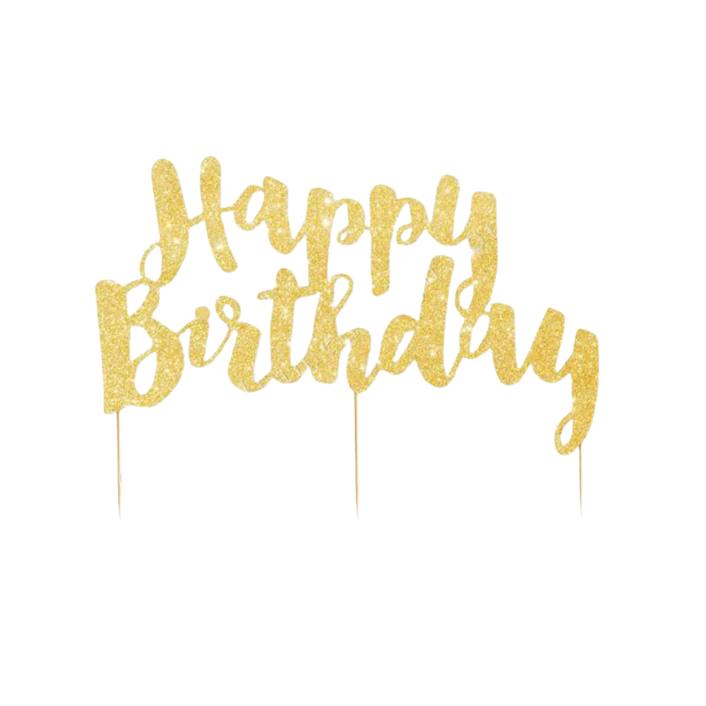 Gold glitter cake topper with Happy Birthday design for birthday celebrations from Parte Haus party supply store in Bethesda MD