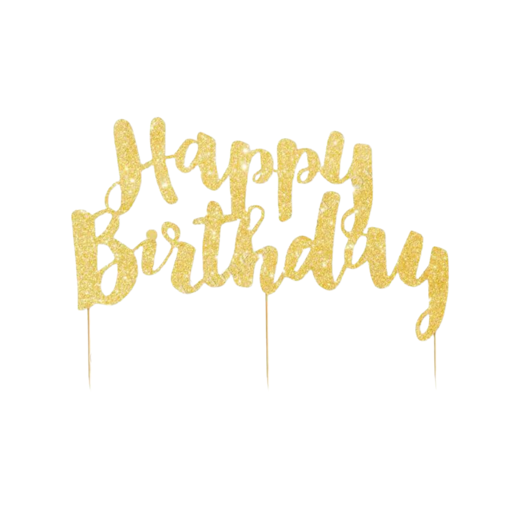 Gold glitter cake topper with Happy Birthday design for birthday celebrations from Parte Haus party supply store in Bethesda MD