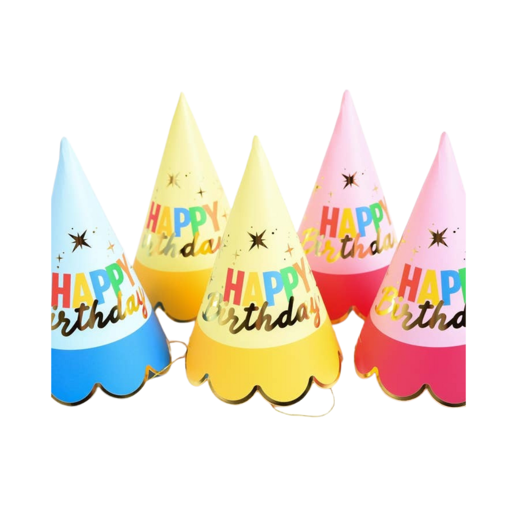 Colorful cone birthday hats with Happy Birthday text for birthday parties from Parte Haus party supply store in Bethesda Maryland.