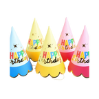 Colorful cone birthday hats with Happy Birthday text for birthday parties from Parte Haus party supply store in Bethesda Maryland.