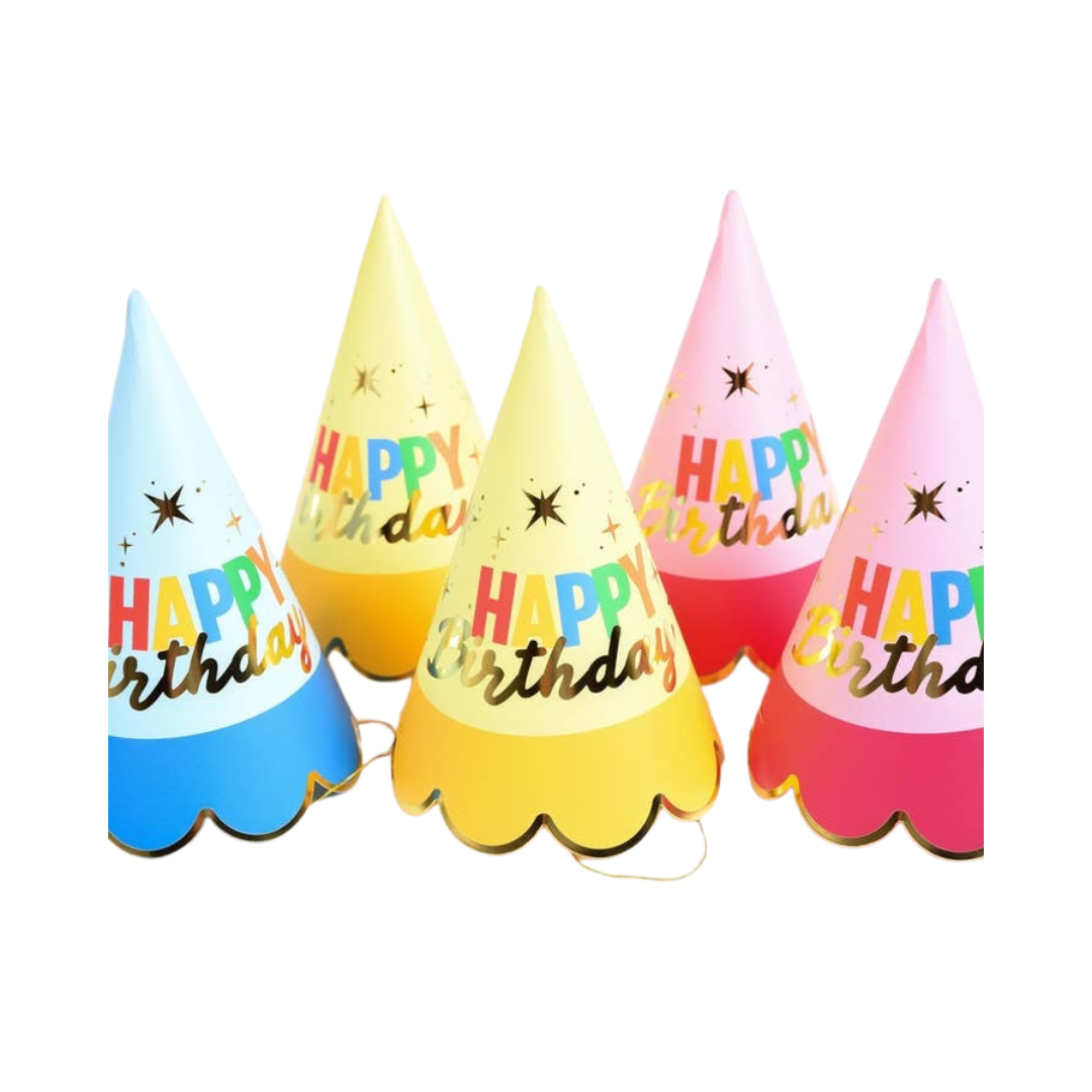 Colorful cone birthday hats with Happy Birthday text for birthday parties from Parte Haus party supply store in Bethesda Maryland.