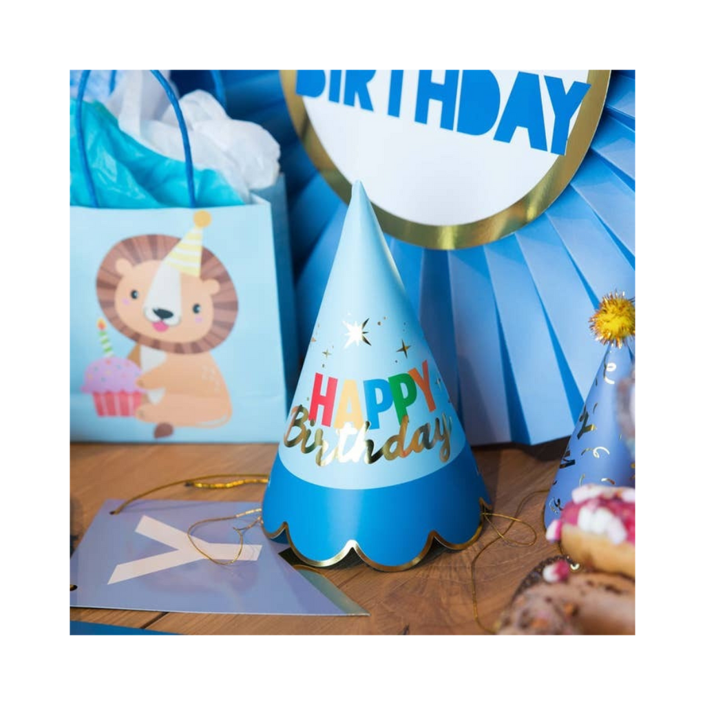 Blue Happy Birthday cone hats with party decor birthday theme from Parte Haus party supply store in Bethesda Maryland