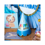 Blue Happy Birthday cone hats with party decor birthday theme from Parte Haus party supply store in Bethesda Maryland