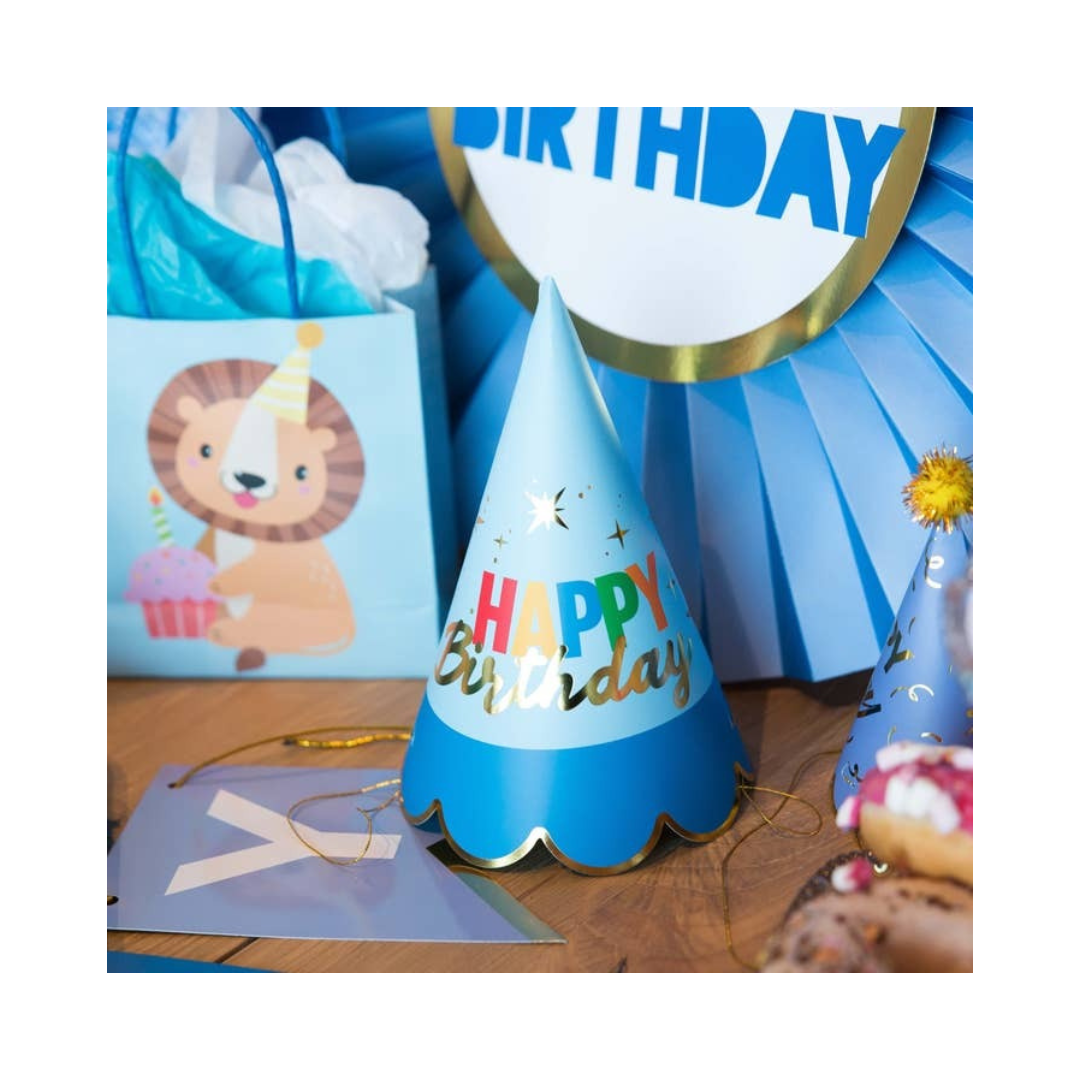 Blue Happy Birthday cone hats with party decor birthday theme from Parte Haus party supply store in Bethesda Maryland