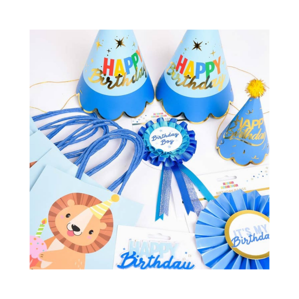 Blue birthday hats and badges for kids birthday from Parte Haus party supply store in Bethesda Maryland