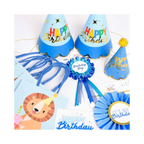 Blue birthday hats and badges for kids birthday from Parte Haus party supply store in Bethesda Maryland