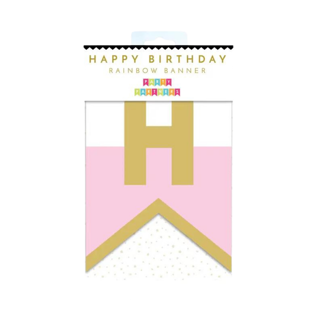 Pink and gold Happy Birthday rainbow banner with bold H letter birthday theme from Parte Haus party supply store in Bethesda Maryland