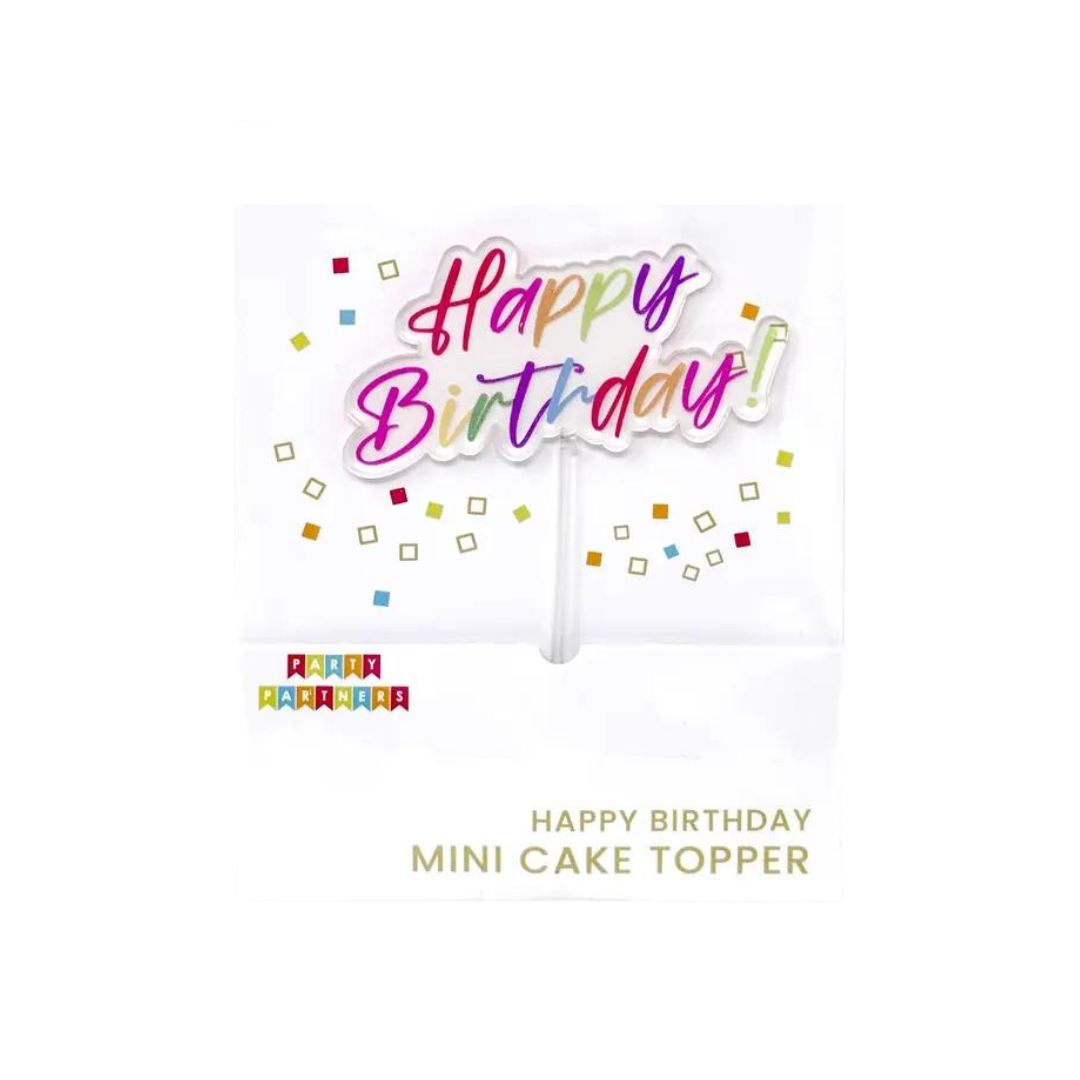 Rainbow happy birthday mini cake topper with confetti design birthday theme from Parte Haus party supply store in Bethesda MD