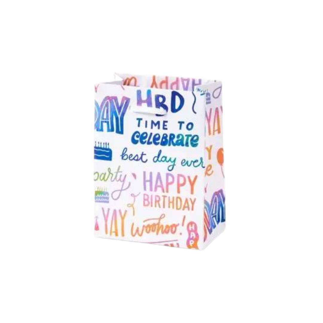 Multicolor small gift bag with happy birthday script for birthday from Parte Haus party supply store in Bethesda MD