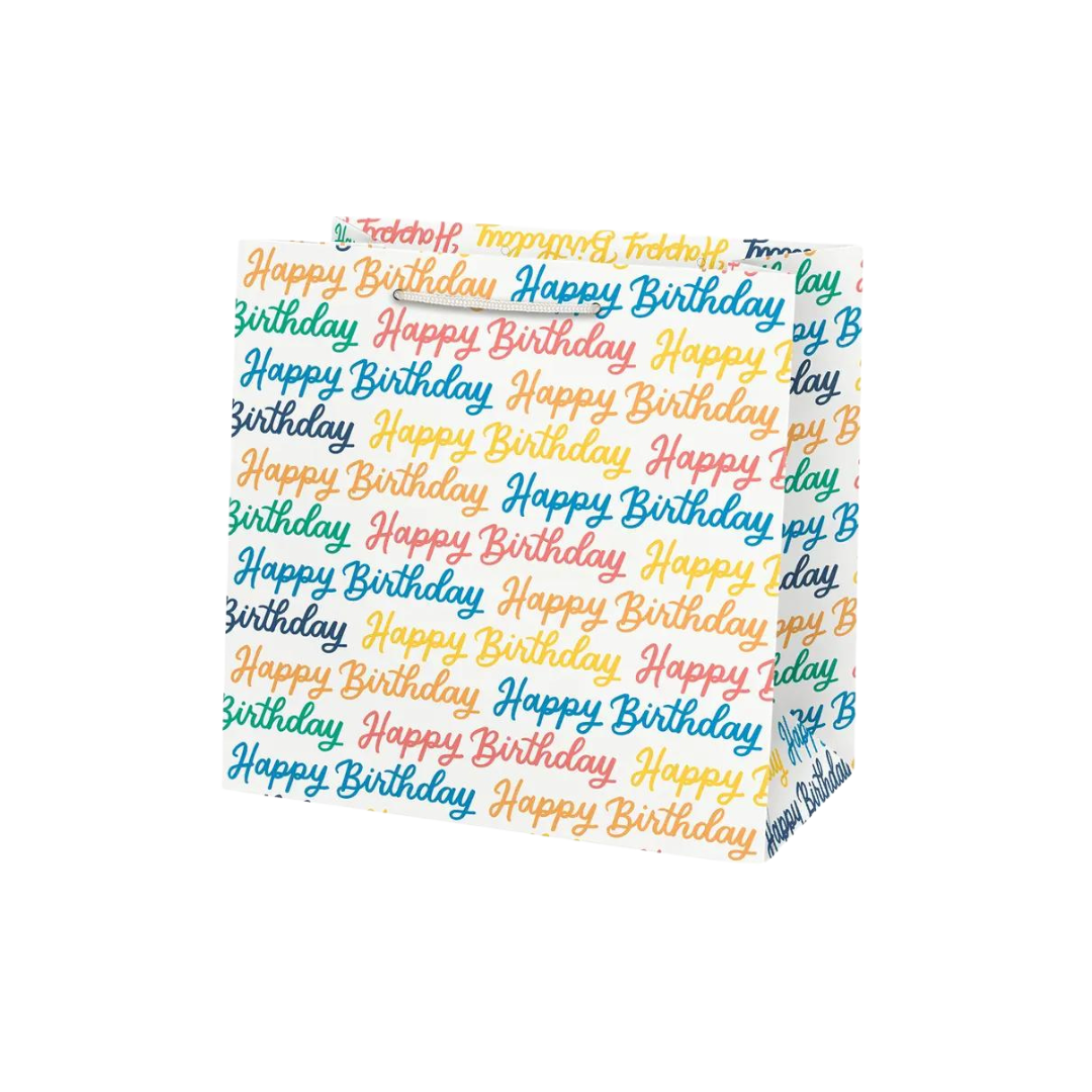 Multicolor large gift bag with Happy Birthday script for birthday theme from Parte Haus party supply store in Bethesda Maryland