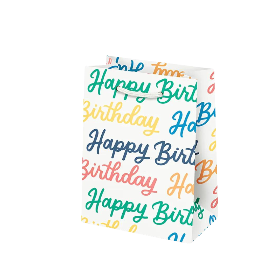 Multicolor Happy Birthday gift bag with script text for birthday from Parte Haus party supply store in Bethesda MD