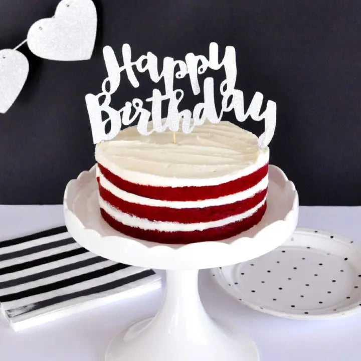 Silver Glitter "Happy Birthday" Cake Topper