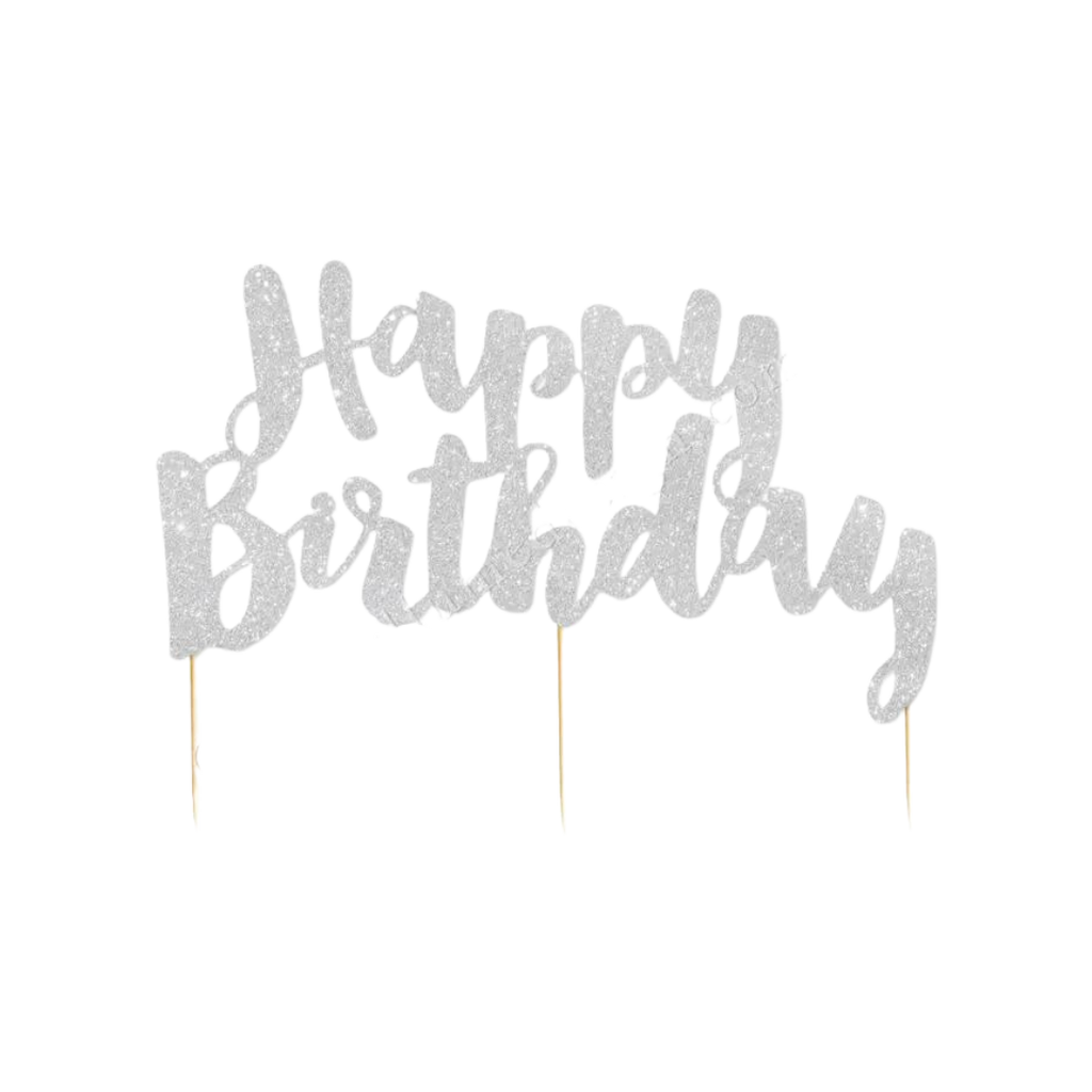Silver glitter Happy Birthday cake topper birthday theme from Parte Haus party supply store in Bethesda MD