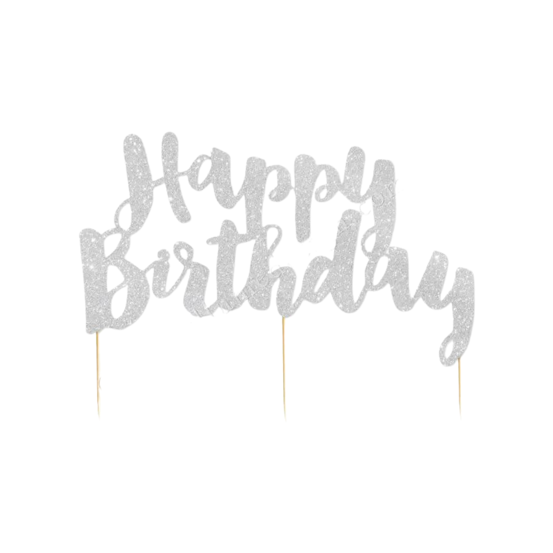 Silver glitter Happy Birthday cake topper birthday theme from Parte Haus party supply store in Bethesda MD