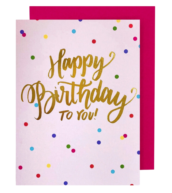 White and gold happy birthday card with confetti design for birthday from Parte Haus party supply store in Bethesda MD.