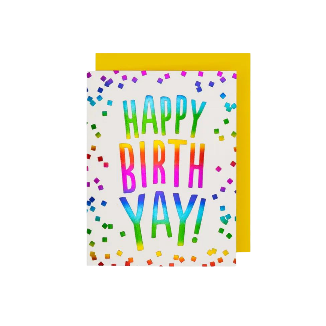 Rainbow confetti happy birthday card cheerful lettering birthday theme from Parte Haus party supply store in Bethesda MD