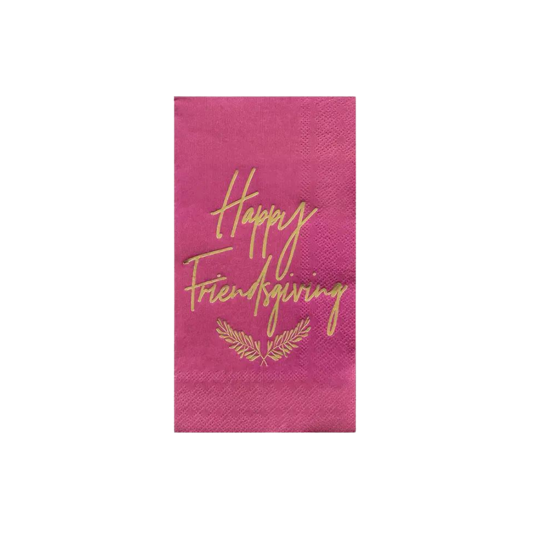 Pink guest napkin with gold Happy Friendsgiving text Friendsgiving theme from Parte Haus party supply store in Bethesda MD.