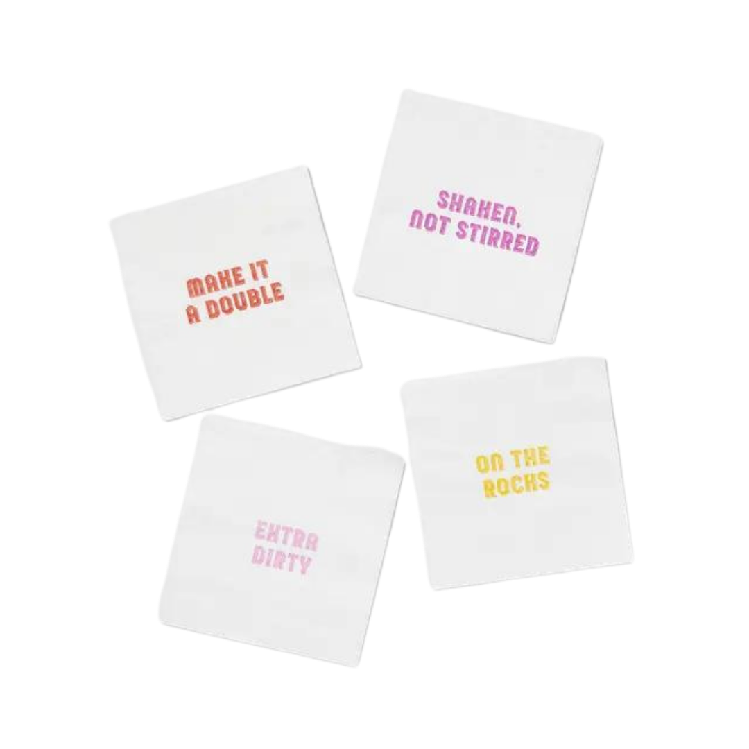 White cocktail napkins with colorful drink sayings bar theme from Parte Haus party supply store in Bethesda MD.