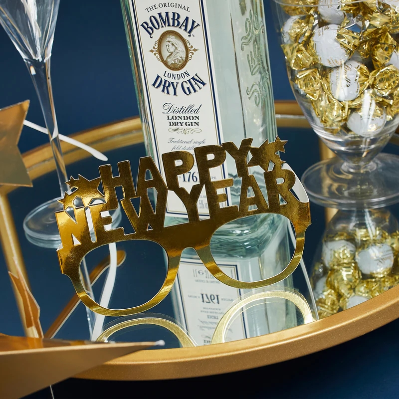Gold Happy New Year glasses fun party accessory for New Year celebration from Parte Haus party supply store in Bethesda Maryland