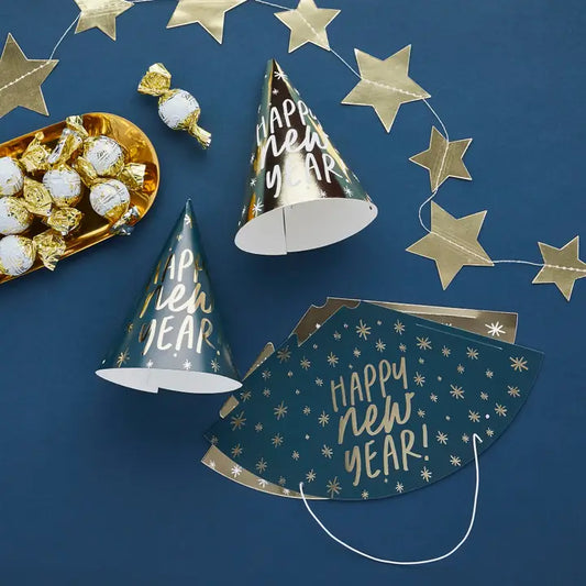 "Happy New Year" Navy & Gold Party Hats - (10pk)