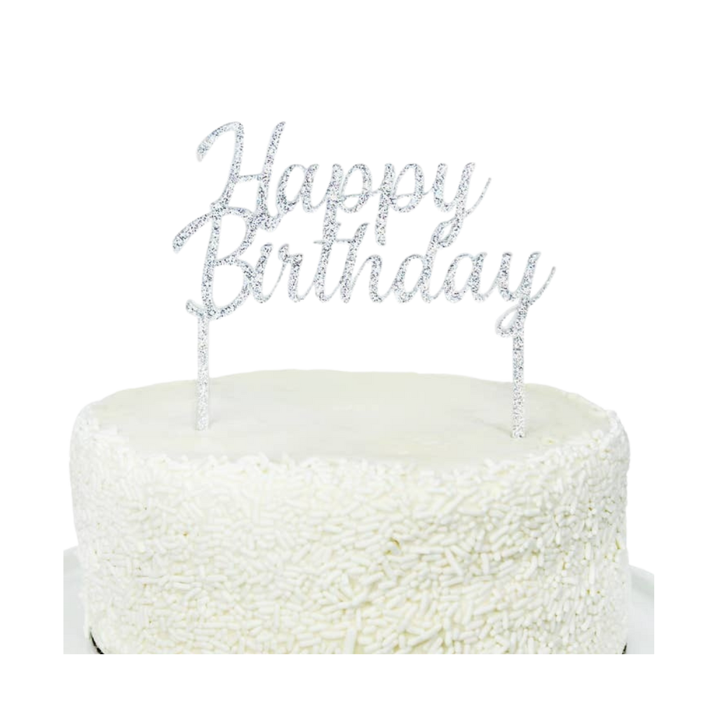 Silver acrylic Happy Birthday cake topper birthday theme from Parte Haus party supply store in Bethesda MD