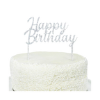 Silver acrylic Happy Birthday cake topper birthday theme from Parte Haus party supply store in Bethesda MD