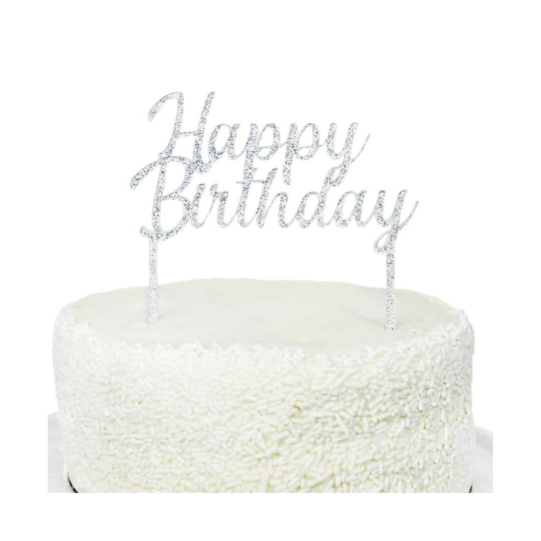 Silver acrylic Happy Birthday cake topper birthday theme from Parte Haus party supply store in Bethesda MD