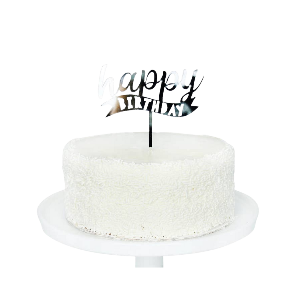 Silver acrylic happy birthday banner cake topper for birthday from Parte Haus party supply store in Bethesda MD