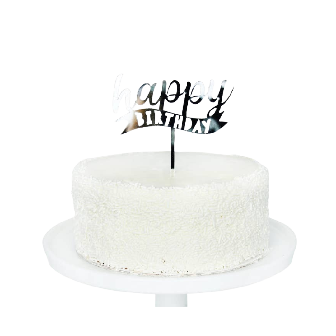 Silver acrylic happy birthday banner cake topper for birthday from Parte Haus party supply store in Bethesda MD