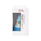 Multicolor birthday party hats with gold lettering in box birthday theme from Parte Haus party supply store in Bethesda MD