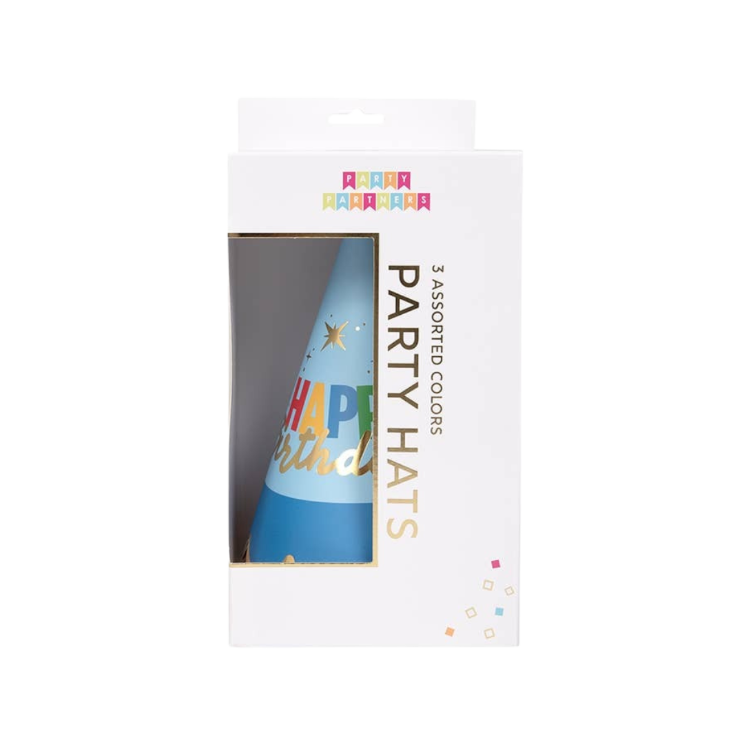 Multicolor birthday party hats with gold lettering in box birthday theme from Parte Haus party supply store in Bethesda MD