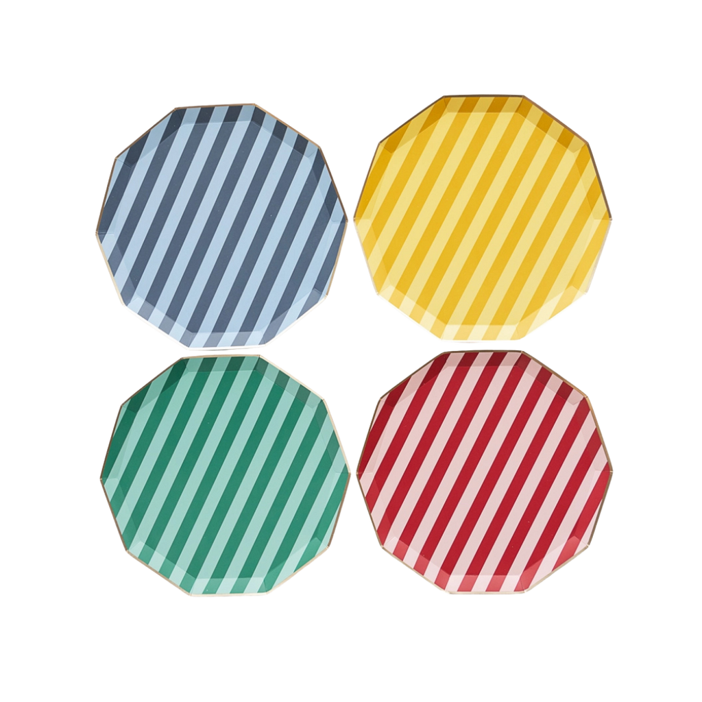 Blue yellow green red striped large plates Harry Potter theme from Parte Haus party supply store in Bethesda MD