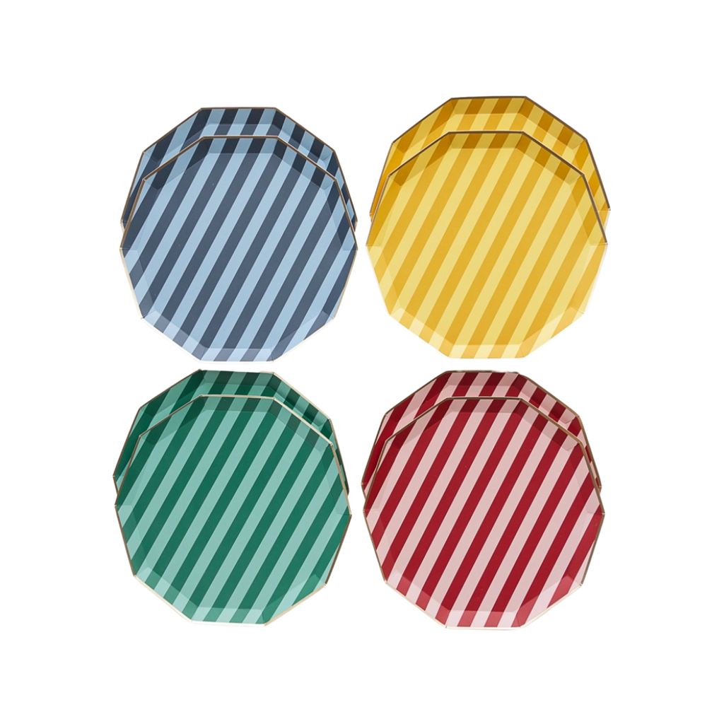 Blue yellow green and red striped large plates for Harry Potter themed events from Parte Haus party supply store in Bethesda MD
