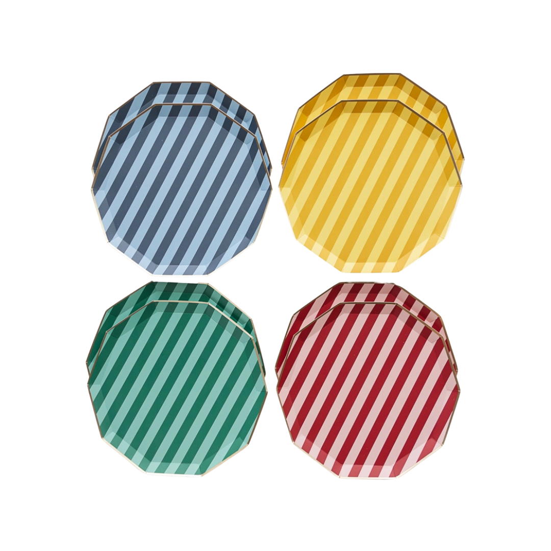 Blue yellow green and red striped large plates for Harry Potter themed events from Parte Haus party supply store in Bethesda MD