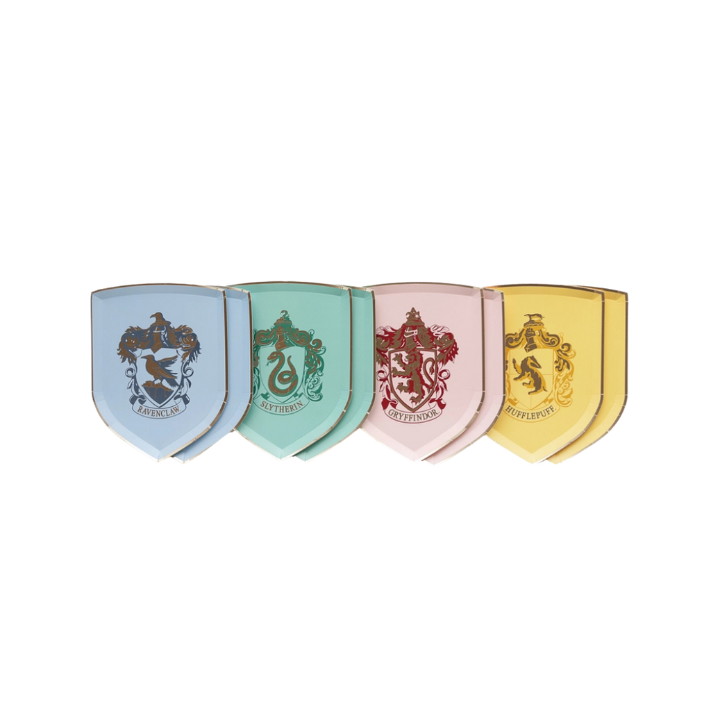 Blue green pink yellow shield shaped paper plates with Hogwarts house crests Harry Potter theme from Parte Haus party supply store in Bethesda MD