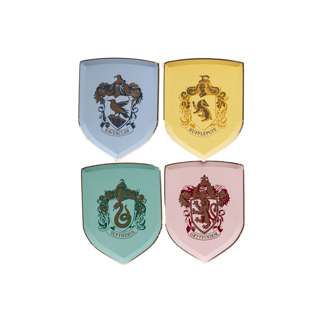 Multicolor Harry Potter house crest small plates Hogwarts theme from Parte Haus party supply store in Bethesda Maryland