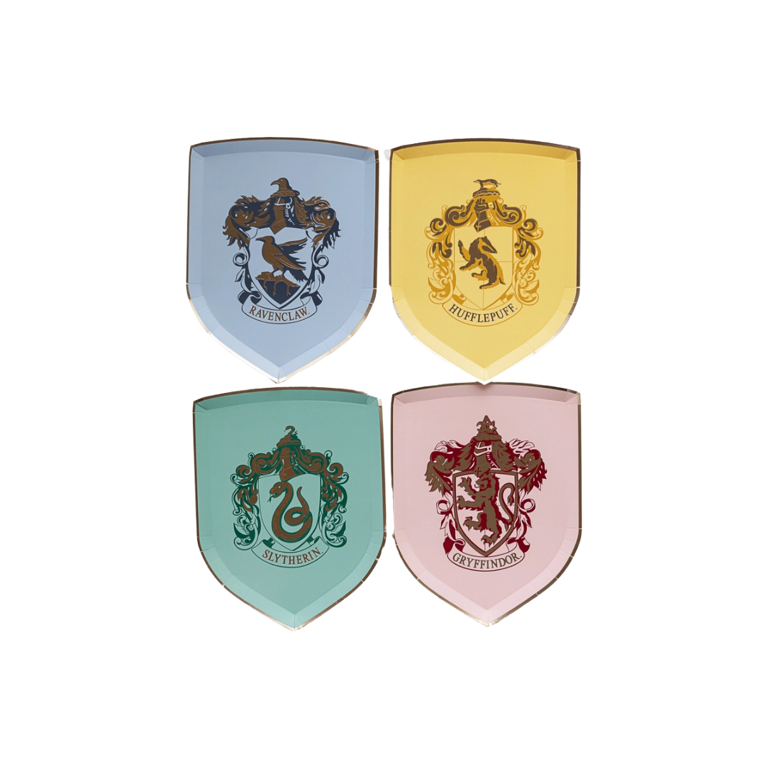 Multicolor Harry Potter house crest small plates Hogwarts theme from Parte Haus party supply store in Bethesda Maryland