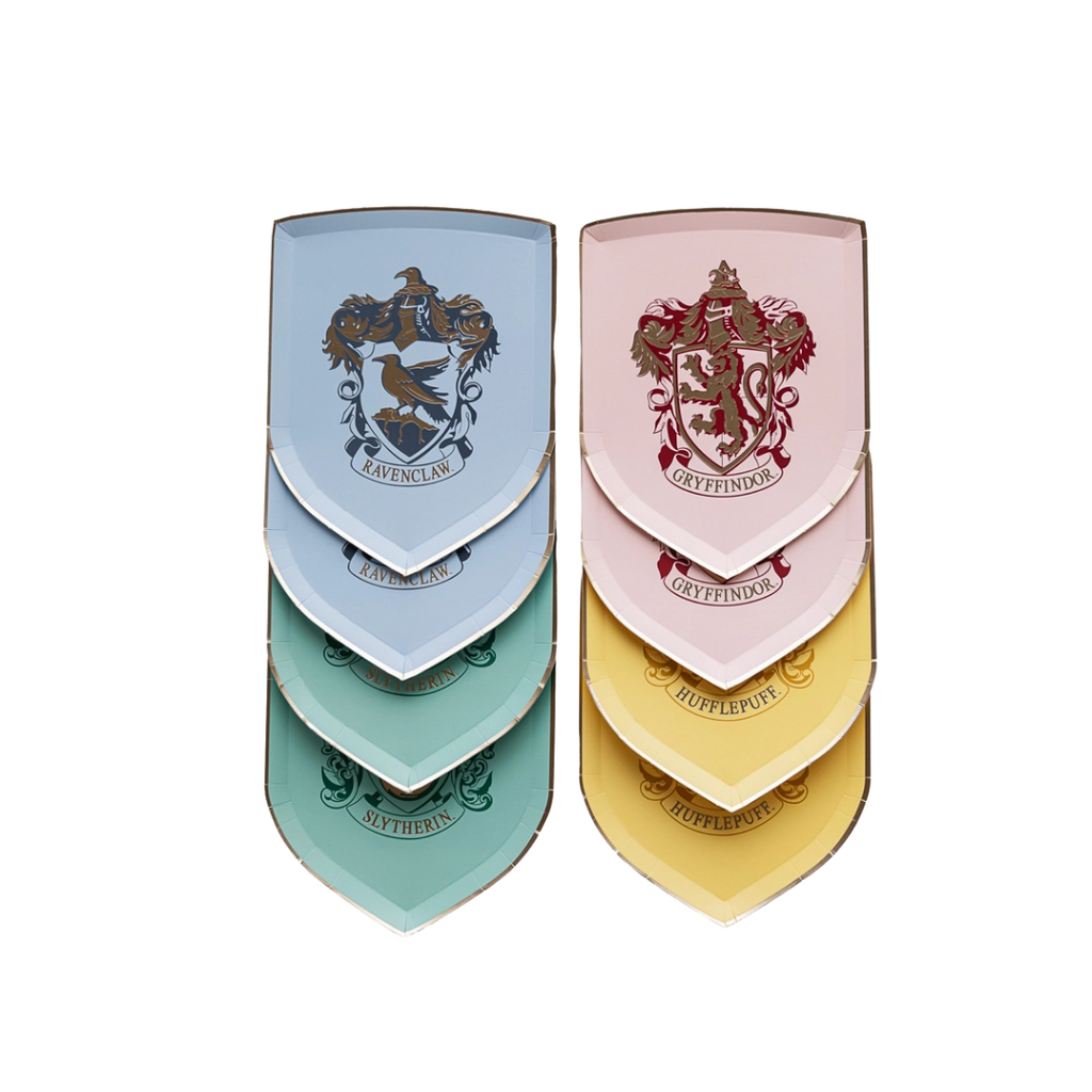 Blue red green and yellow house crest shield plates Harry Potter theme from Parte Haus party supply store in Bethesda MD