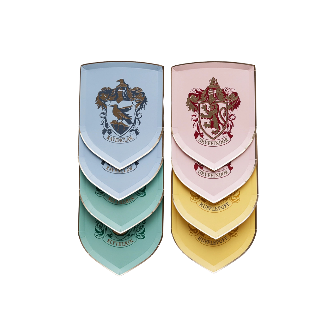 Blue red green and yellow house crest shield plates Harry Potter theme from Parte Haus party supply store in Bethesda MD