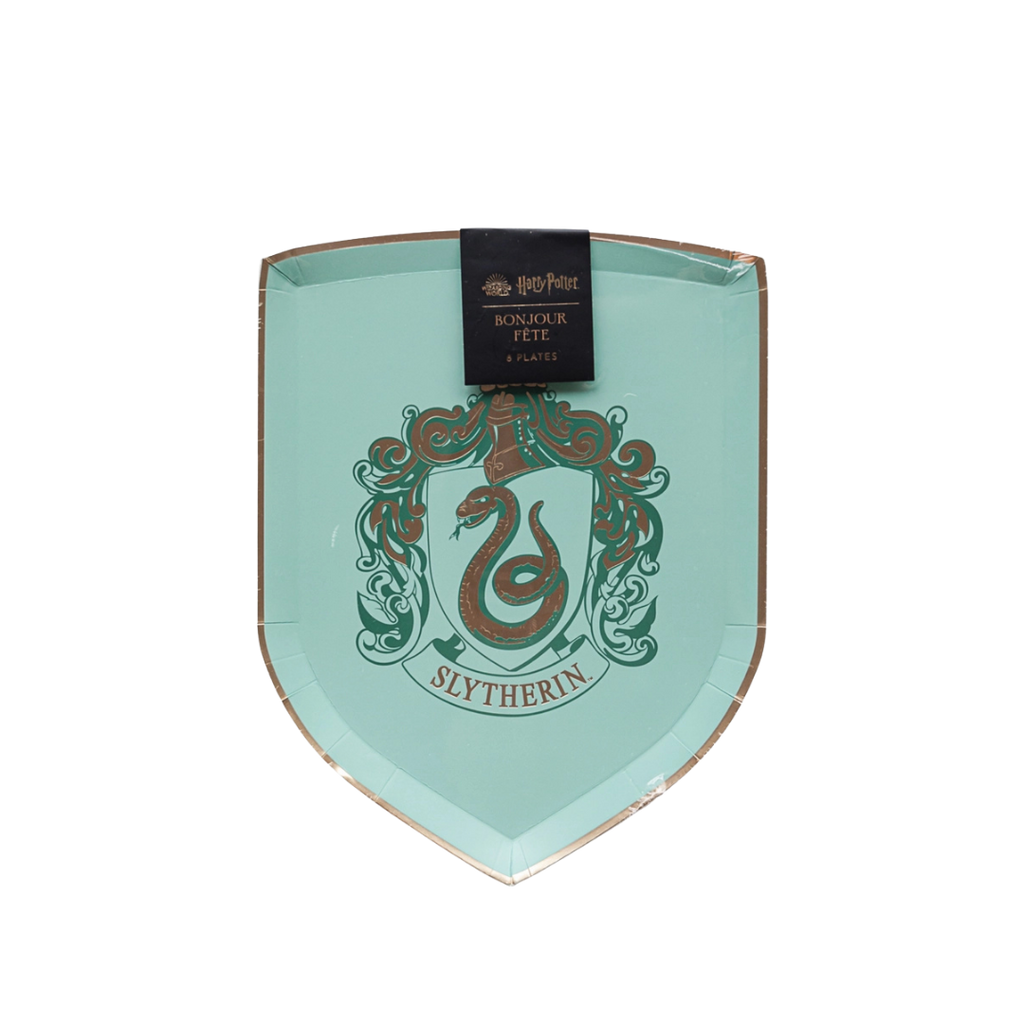 Green shield shaped Slytherin plate with snake crest Harry Potter theme from Parte Haus party supply store in Bethesda MD