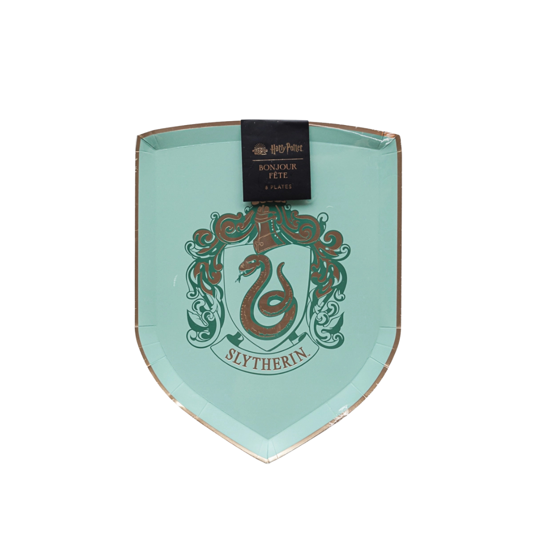 Green shield shaped Slytherin plate with snake crest Harry Potter theme from Parte Haus party supply store in Bethesda MD
