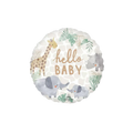 White jungle animal round foil balloon with hello baby text for baby shower from Parte Haus party supply store in Bethesda MD