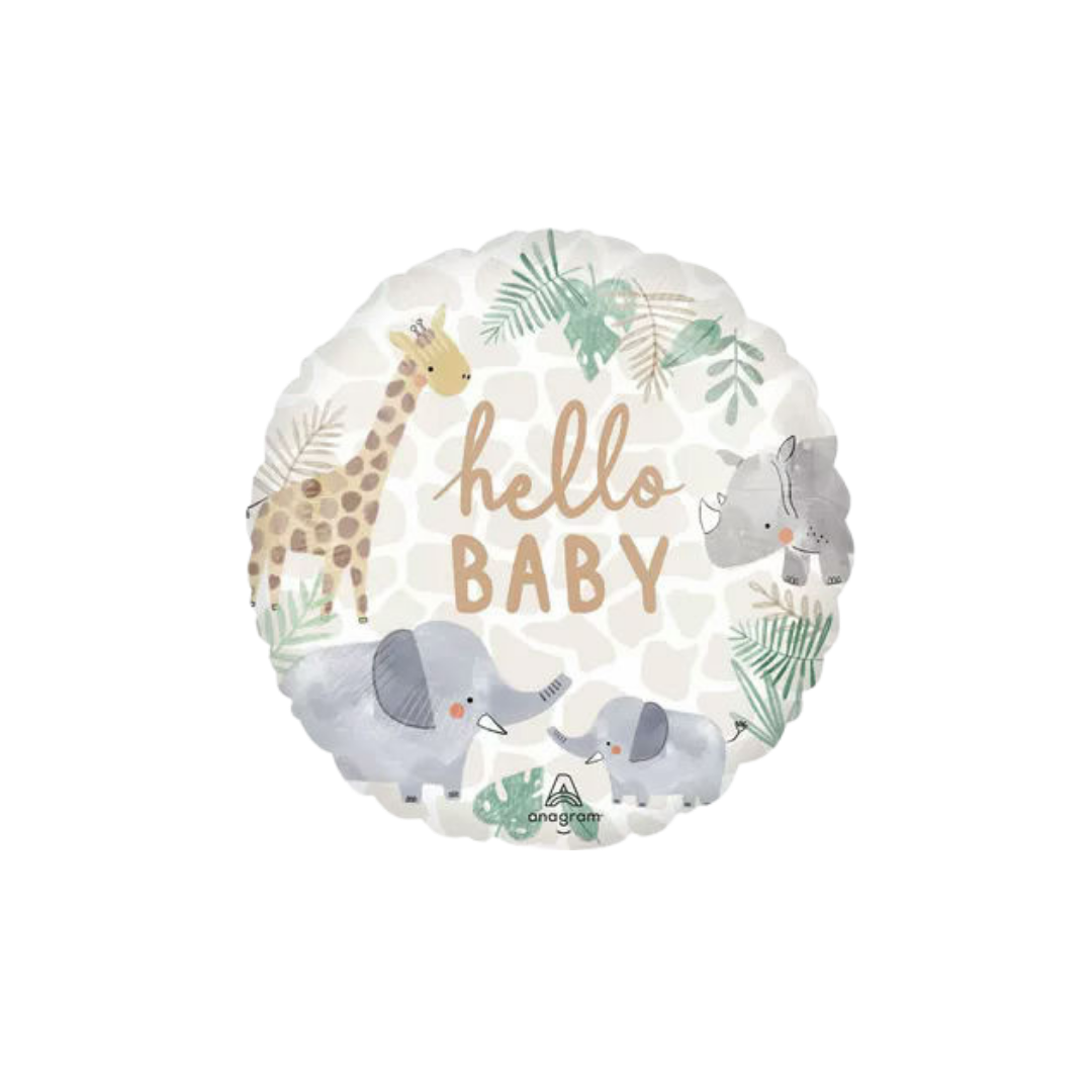 White jungle animal round foil balloon with hello baby text for baby shower from Parte Haus party supply store in Bethesda MD