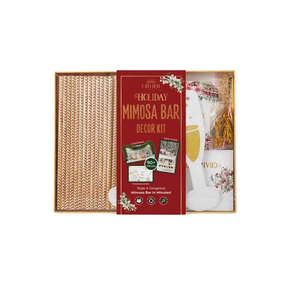 Red and gold holiday mimosa bar decoration kit for Christmas and New Year from Parte Haus party supply store in Bethesda MD