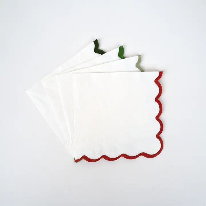 Red and green scalloped edge white cocktail napkins festive holiday decor from Parte Haus party supply store in Bethesda MD