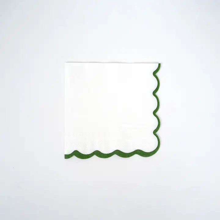 White and green scallop cocktail napkin with festive trim Holiday from Parte Haus party supply store in Bethesda Maryland