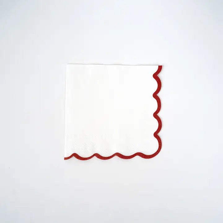 White and red scallop cocktail napkin with festive edge for holiday from Parte Haus party supply store in Bethesda MD.