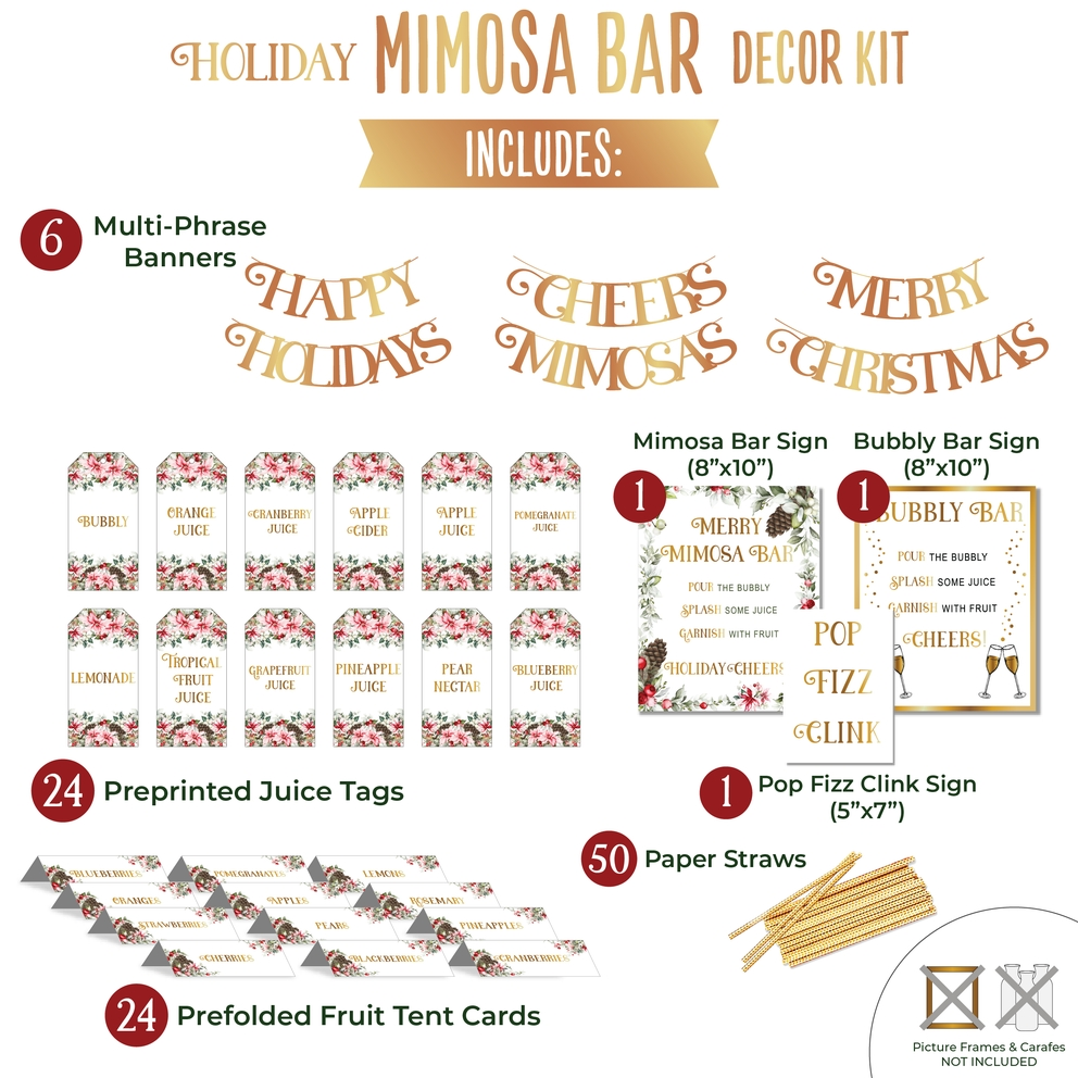 Gold holiday mimosa bar decor kit with banners juice tags straws for Christmas from Parte Haus party supply store in Bethesda Maryland
