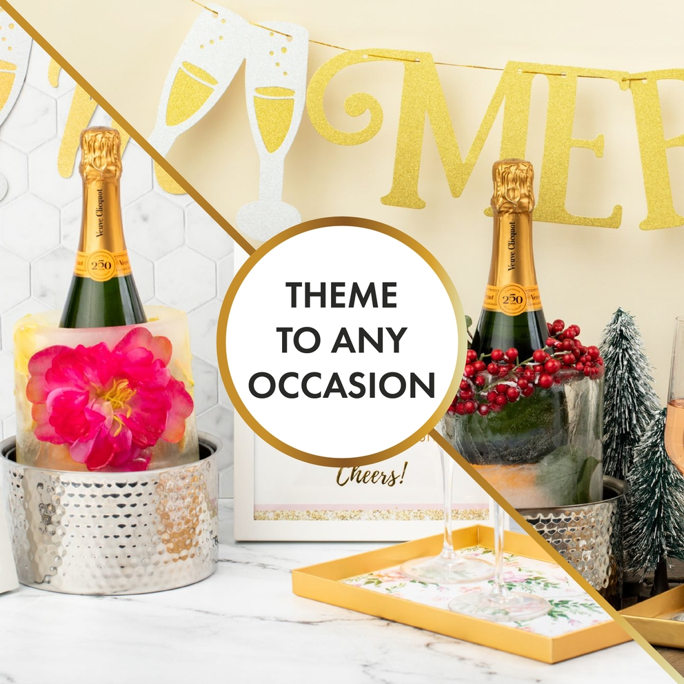 gold holiday mimosa bar decoration kit with champagne bottles festive ice buckets and banner from Parte Haus party supply store in Bethesda MD